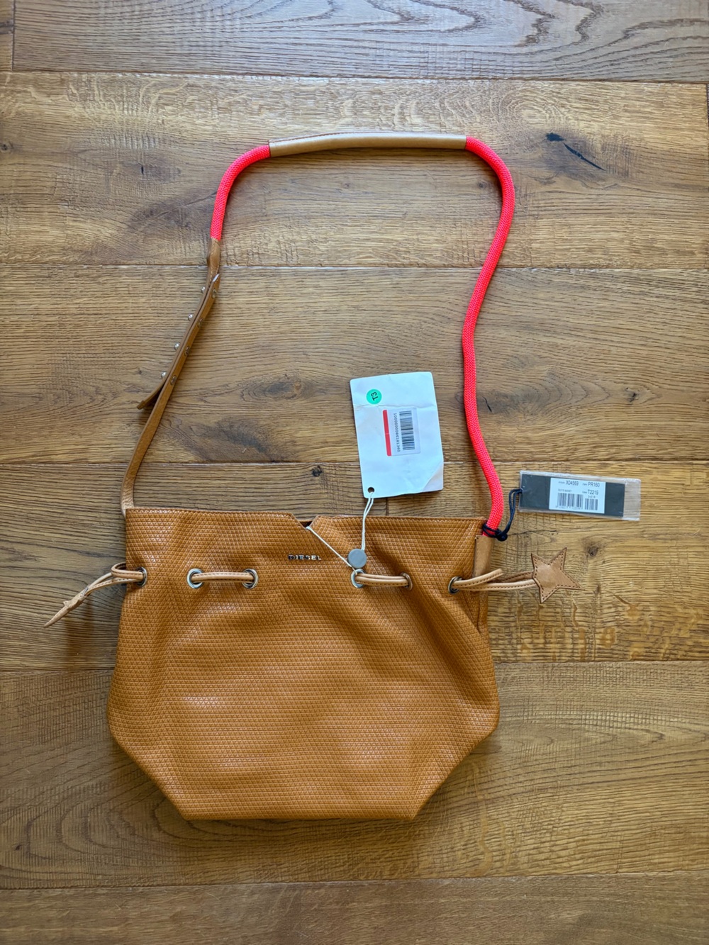 Diesel Tan Woven Drawstring Crossbody with Pink Accent